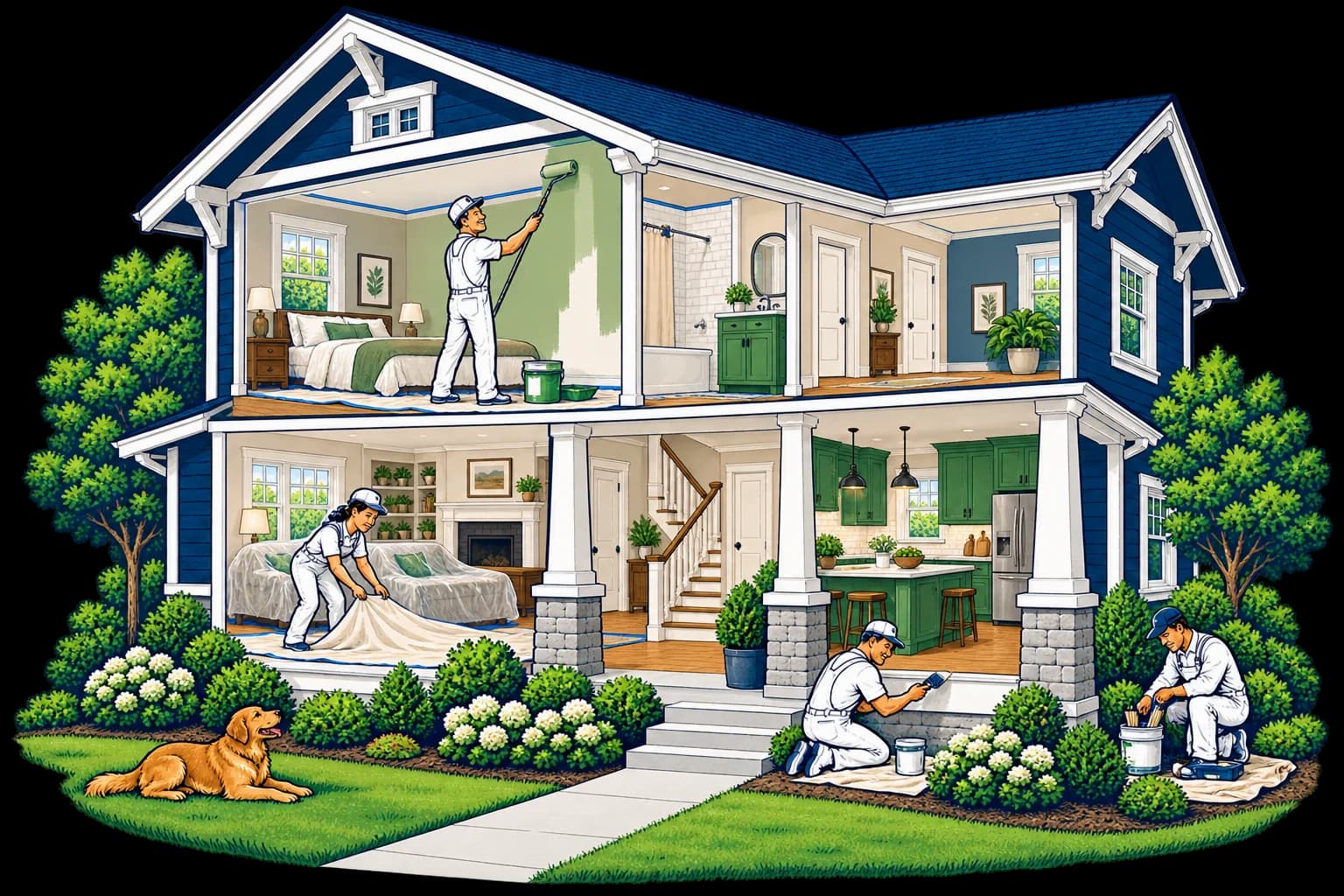 Cutaway illustration of a home showing interior painting, careful floor protection, exterior trim repair and cleanup.