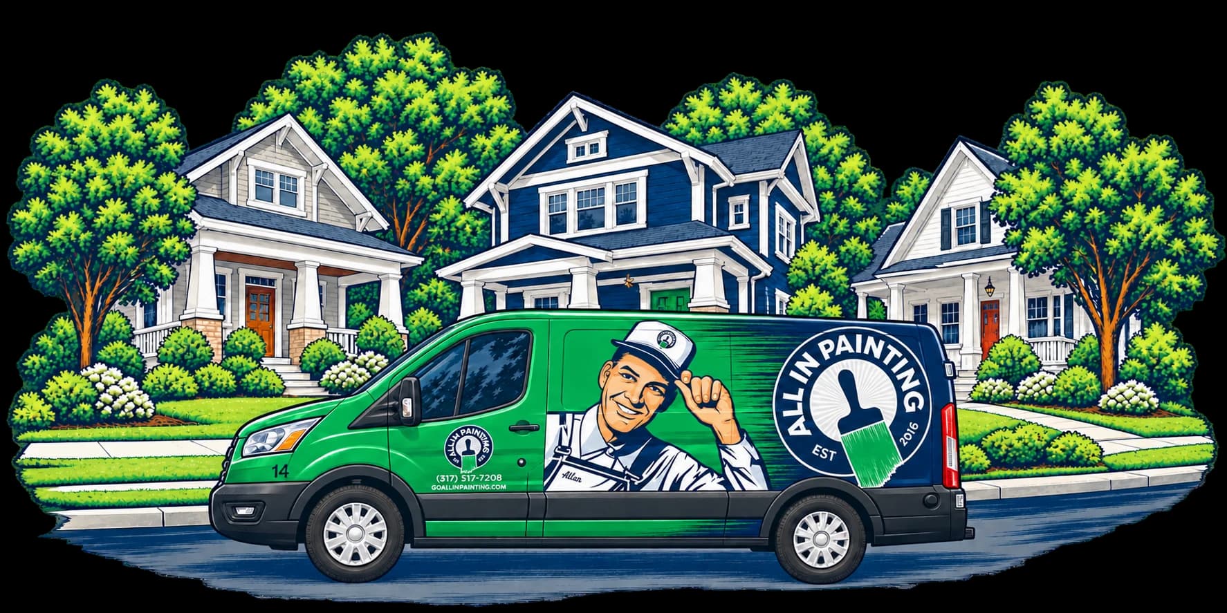 Illustration of the green and navy ALL IN Painting van with its large Allan graphic and round company badge, parked in a leafy neighborhood.